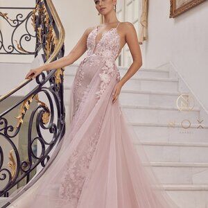 PROM PARTY BLUSH LACE AND BEADS EMBROIDERED MERMAID GOWN WITH OVERSKIRT nx485
